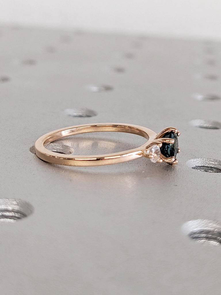 Round Montana Sapphire and Moonstone Engagement Ring, Rose Gold Ring, Three Stone Ring, Vintage Peacock Sapphire Ring, Gold Moonstone Ring