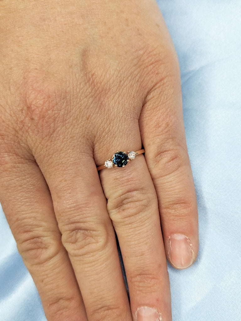 Green Blue Sapphire Ring, Dainty Rose Gold Engagement Ring, Art Deco Teal Sapphire and Moonstone Ring, Birthday Gift for Her, Gemstone Ring