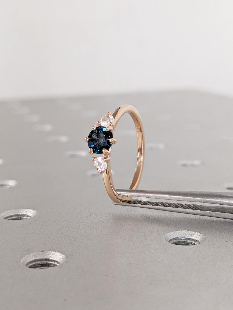 Green Blue Sapphire Ring, Dainty Rose Gold Engagement Ring, Art Deco Teal Sapphire and Moonstone Ring, Birthday Gift for Her, Gemstone Ring
