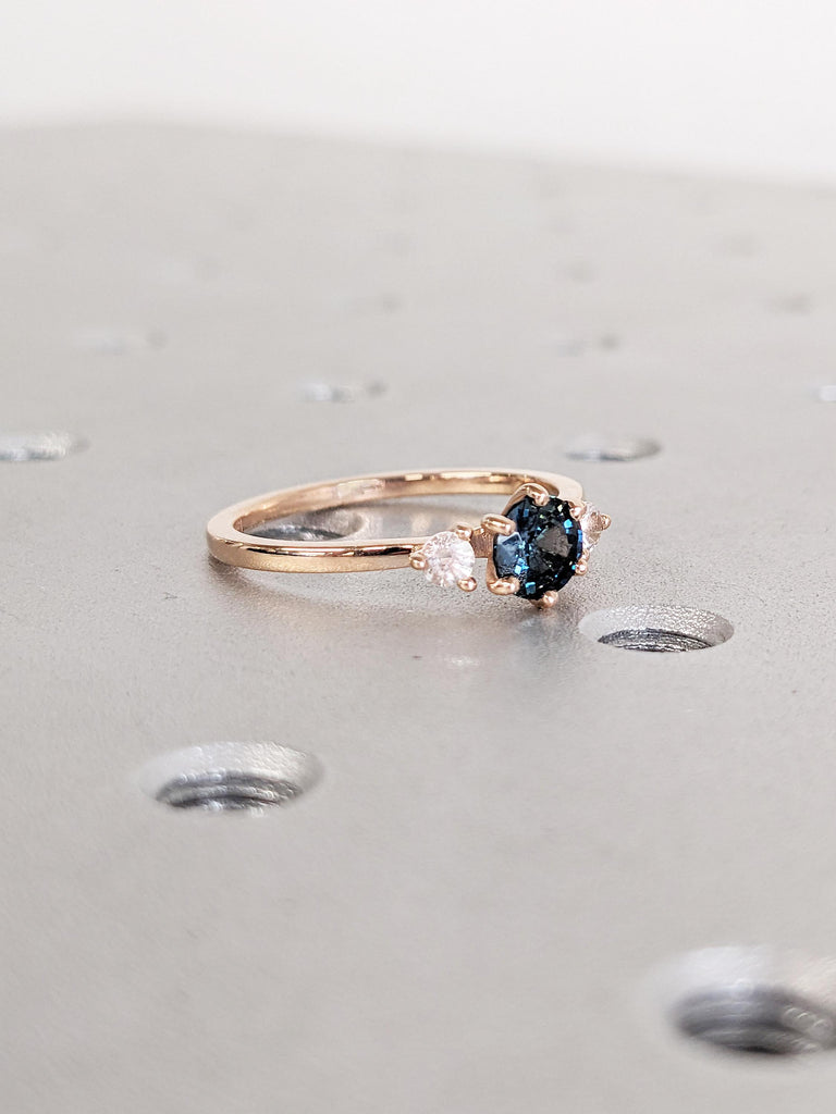 Green Blue Sapphire Ring, Dainty Rose Gold Engagement Ring, Art Deco Teal Sapphire and Moonstone Ring, Birthday Gift for Her, Gemstone Ring