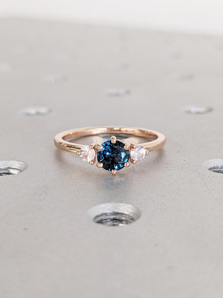 Round Montana Sapphire and Moonstone Engagement Ring, Rose Gold Ring, Three Stone Ring, Vintage Peacock Sapphire Ring, Gold Moonstone Ring