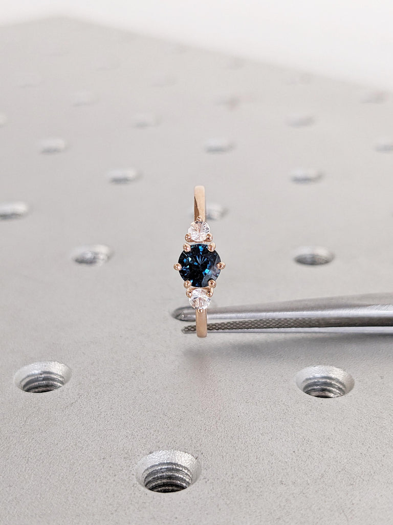 Green Blue Sapphire Ring, Dainty Rose Gold Engagement Ring, Art Deco Teal Sapphire and Moonstone Ring, Birthday Gift for Her, Gemstone Ring