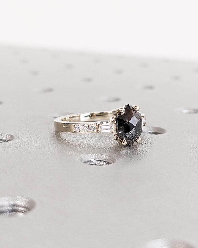 Dainty Hexagon Salt and Pepper Diamond Engagement Ring, Vintage White Gold Diamond Promise Ring for Her, Tapered Baguettes, Anniversary Gift