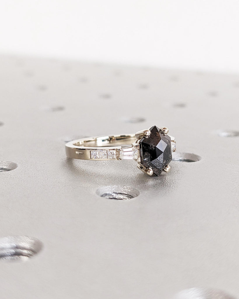 Galaxy Salt and Pepper Diamond Ring / Hexagon Ring / Geometric Diamond Promise Ring / Tapered Diamond Baguettes / White Gold Engagement Ring