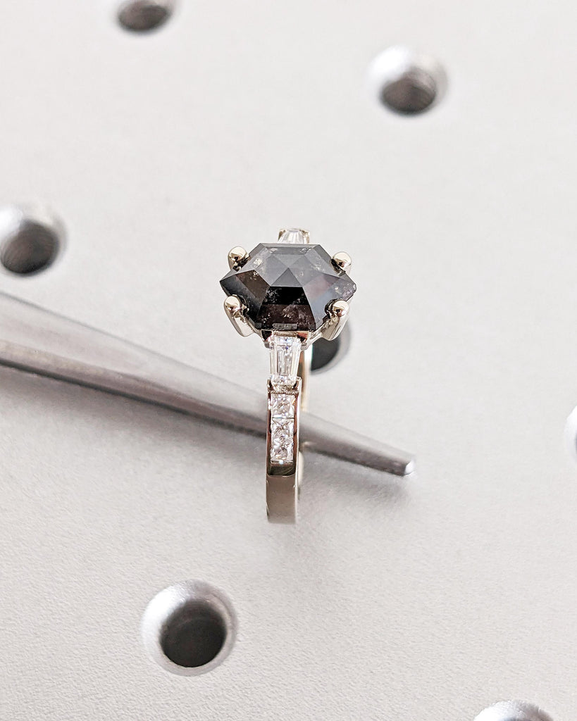 Galaxy Salt and Pepper Diamond Ring / Hexagon Ring / Geometric Diamond Promise Ring / Tapered Diamond Baguettes / White Gold Engagement Ring
