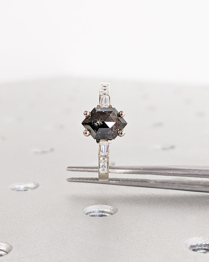 Galaxy Salt and Pepper Diamond Ring / Hexagon Ring / Geometric Diamond Promise Ring / Tapered Diamond Baguettes / White Gold Engagement Ring