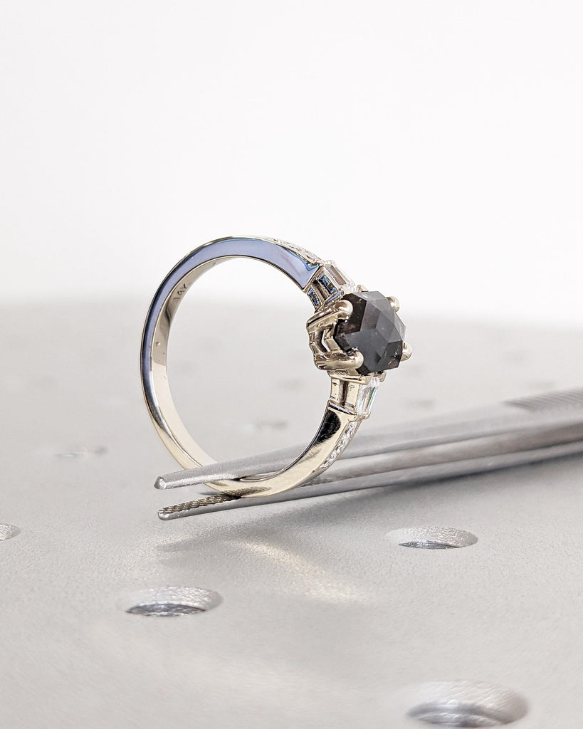 Dainty Hexagon Salt and Pepper Diamond Engagement Ring, Vintage White Gold Diamond Promise Ring for Her, Tapered Baguettes, Anniversary Gift