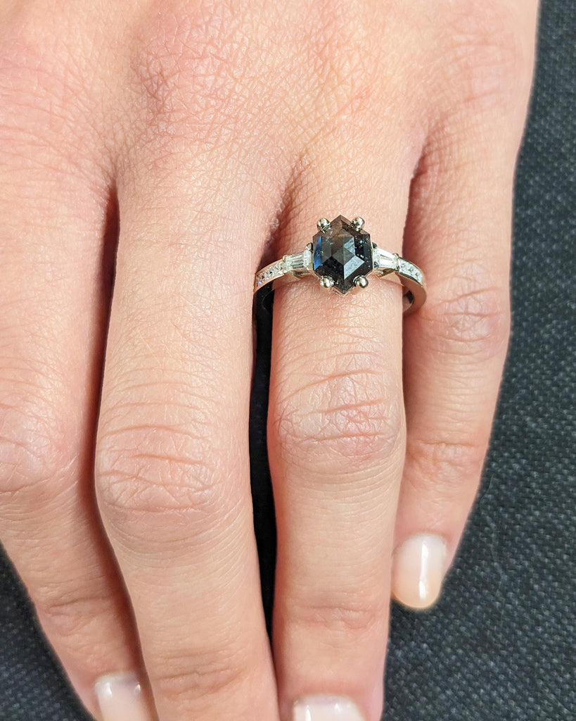 Dainty Hexagon Salt and Pepper Diamond Engagement Ring, Vintage White Gold Diamond Promise Ring for Her, Tapered Baguettes, Anniversary Gift