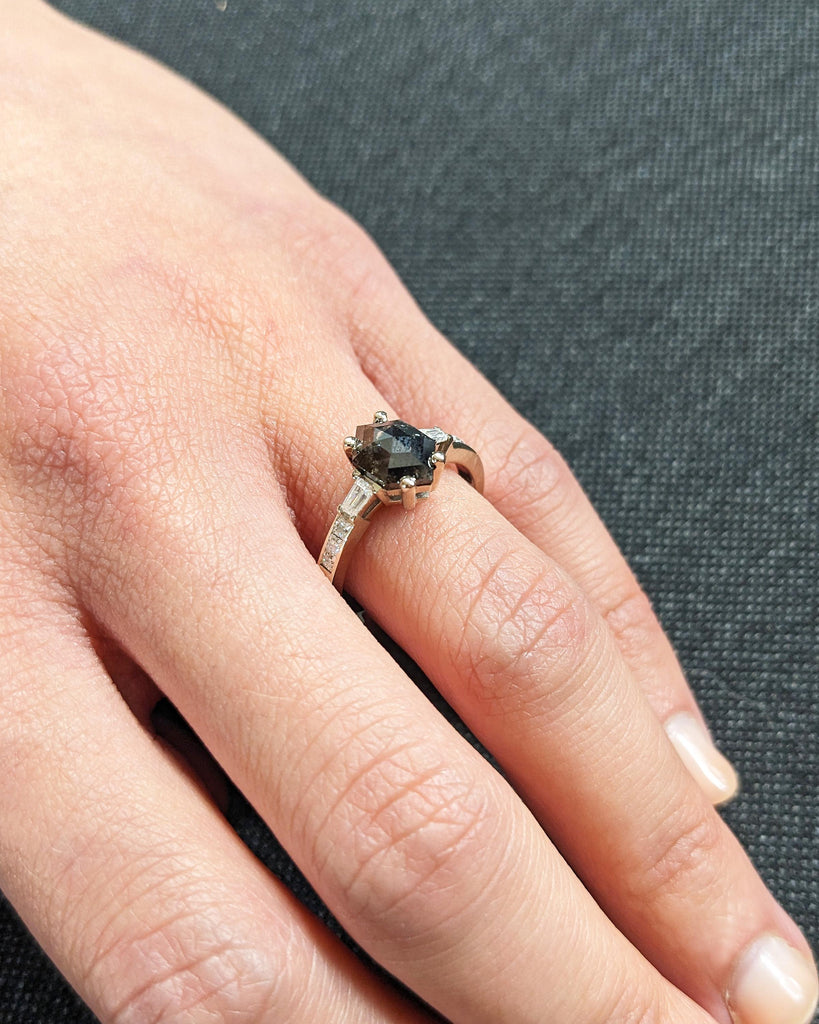 Galaxy Salt and Pepper Diamond Ring / Hexagon Ring / Geometric Diamond Promise Ring / Tapered Diamond Baguettes / White Gold Engagement Ring