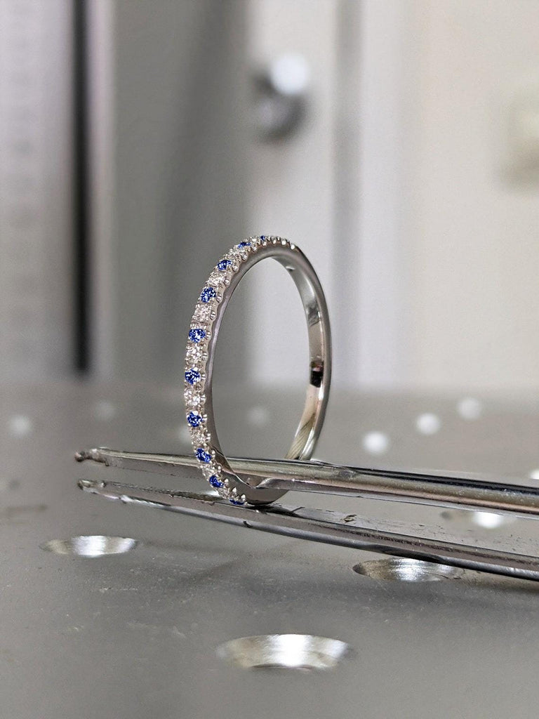 Anniversary Band Blue Sapphire Moissanite Wedding Band | Paved Half Eternity Stacking Matching Bands | 14K 18K Yellow White Rose Gold Best Gift for Her