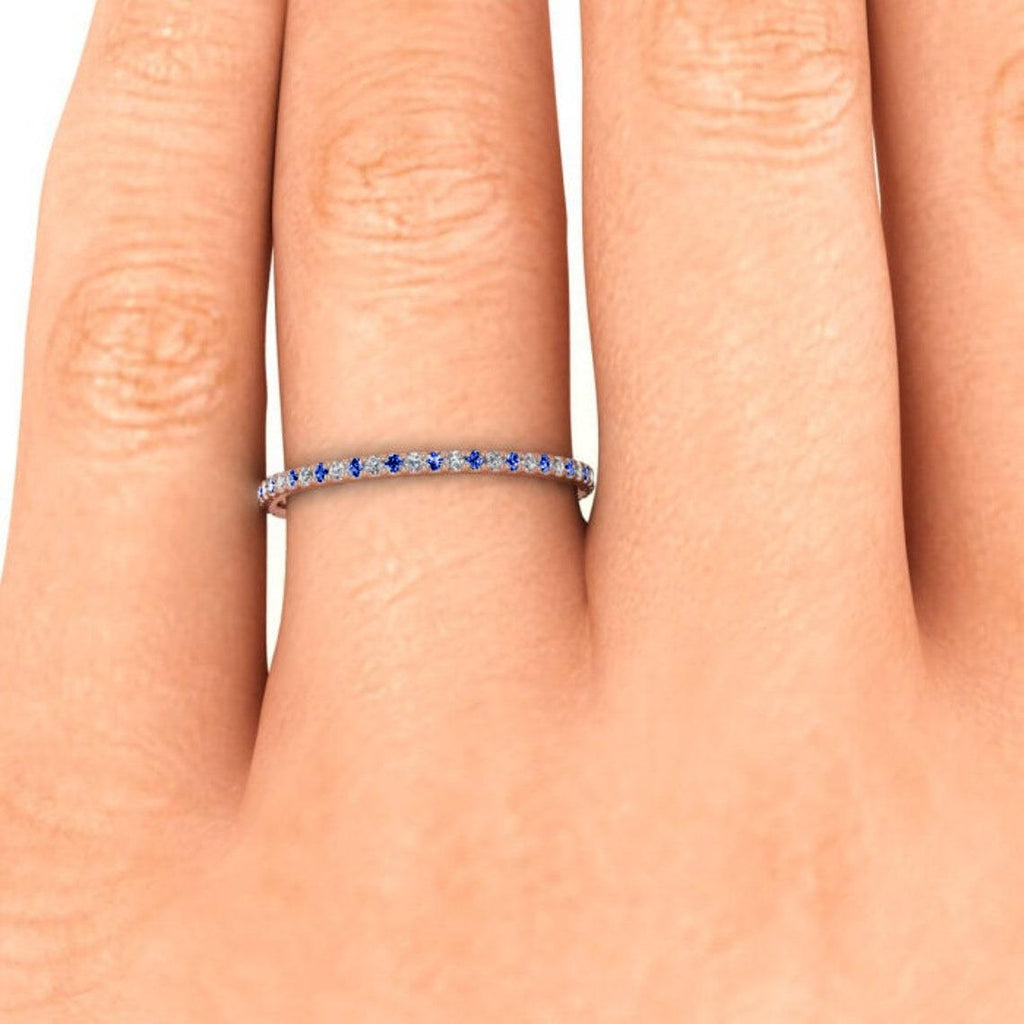Anniversary Band Blue Sapphire Moissanite Wedding Band | Paved Half Eternity Stacking Matching Bands | 14K 18K Yellow White Rose Gold Best Gift for Her