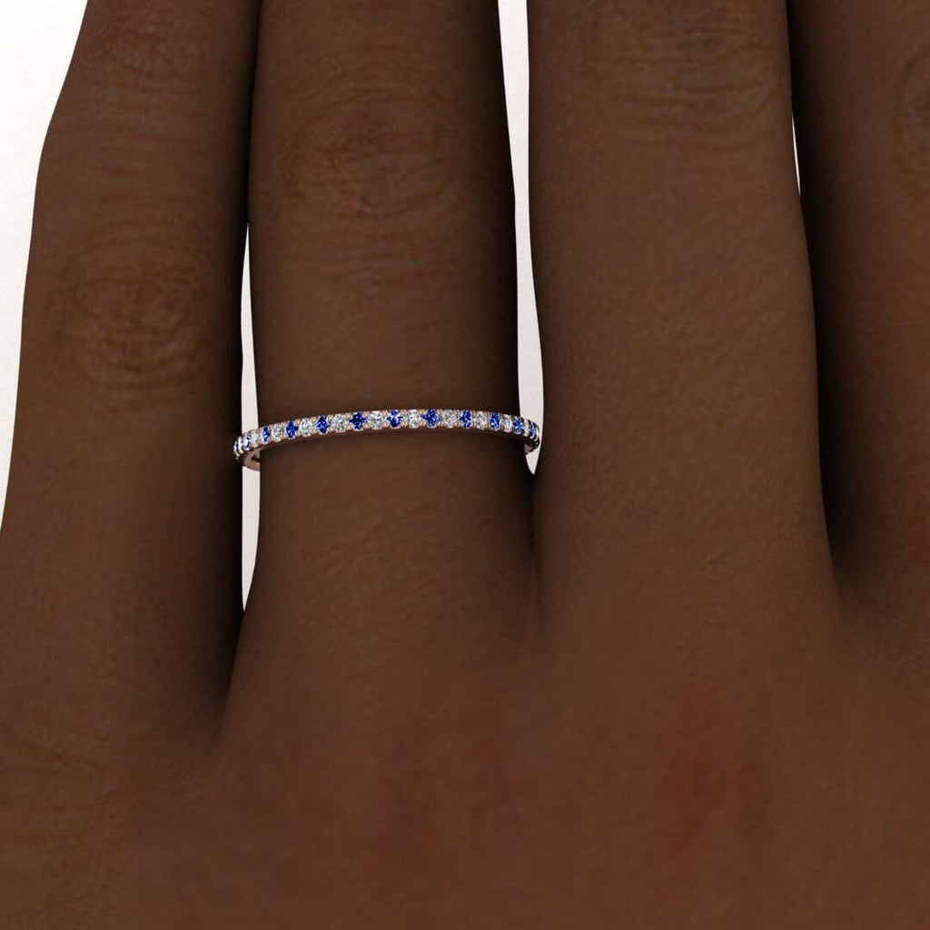 Tiny Diamond and Blue Sapphire Pave Band | 1.4mm Half Eternity Alternating Sapphire Diamond Ring | September Birthstone Anniversary Ring