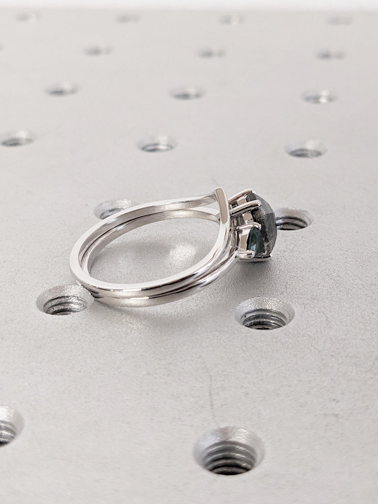 Hexagon Cut Salt and Pepper Diamond Wedding Ring Set, White Gold Ring, Green Moss Agate Ring, Bridal Set Ring, Gold Engagement Ring for Her