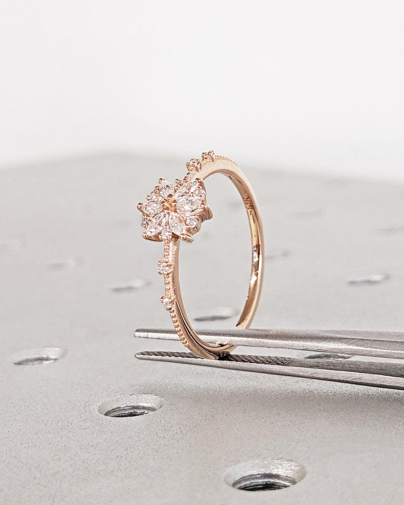 Solid Gold Flower Engagement Ring, Moissanite Marquise Floral Petals Engagement Ring, Floral Anniversary Ring, Vintage Wedding Ring for Her