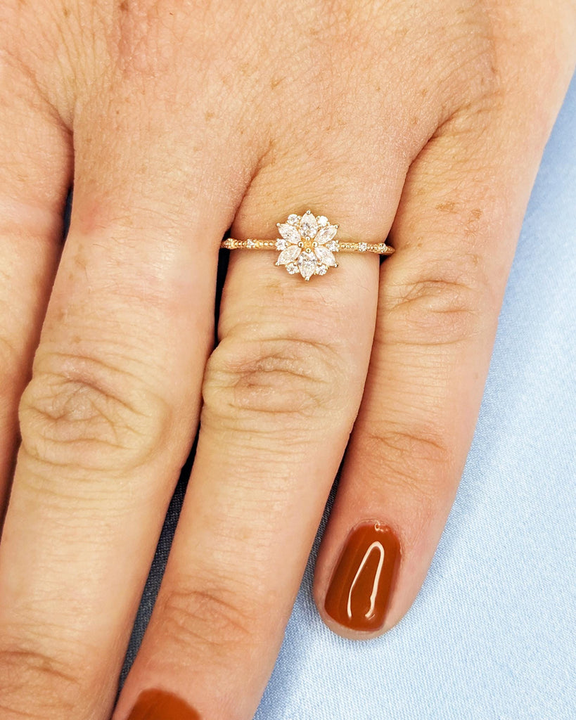 14K Rose Gold Flower Moissanite Engagement Ring, Moissanite Cluster Engagement Ring, Moissanite Daisy Flower Petal Ring, Dainty Promise Ring