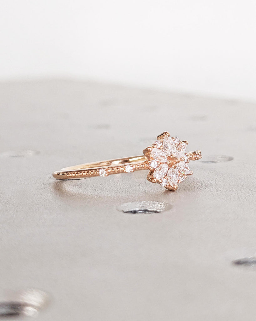 Solid Gold Flower Engagement Ring, Lab Diamond Marquise Floral Petals Engagement Ring, Floral Anniversary Ring, Vintage Wedding Ring for Her