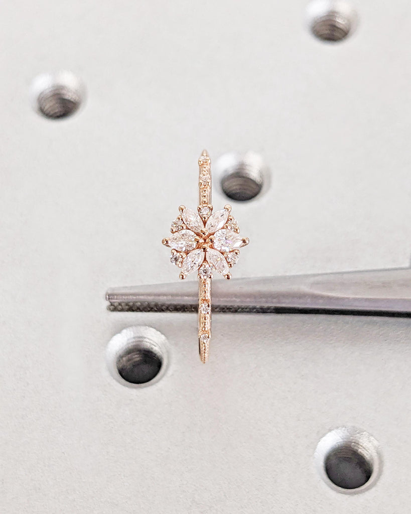 Solid Gold Flower Engagement Ring • Diamond Marquise Floral Petals Engagement Ring • Floral Anniversary Ring • Vintage Wedding Ring for Her