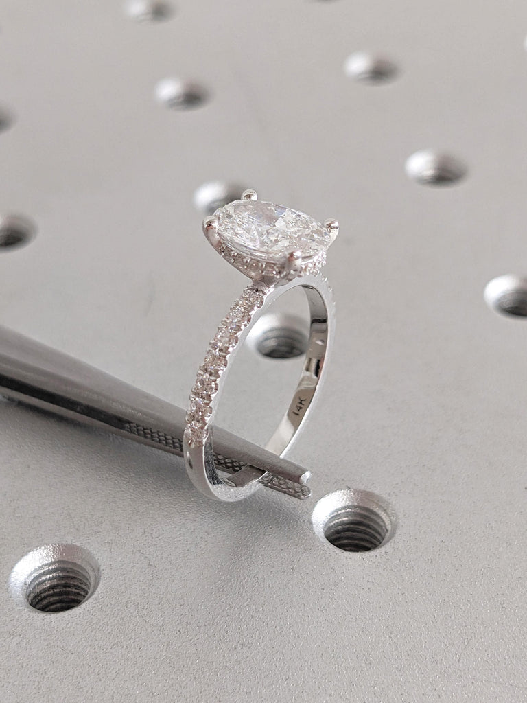 Lab Grown Diamond Ring, Oval Engagement Ring, 14k Gold Hidden Halo Ring, Half Eternity Diamond Ring, Statement Rings for Women, Gift for Her
