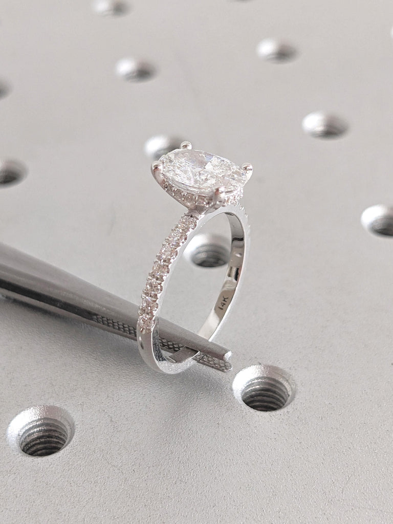 Oval Moissanite Engagement Ring, 14k White Gold Ring, Half Eternity Moissanite Ring, Art Deco Gold Promise Ring for Her, Women Wedding Ring