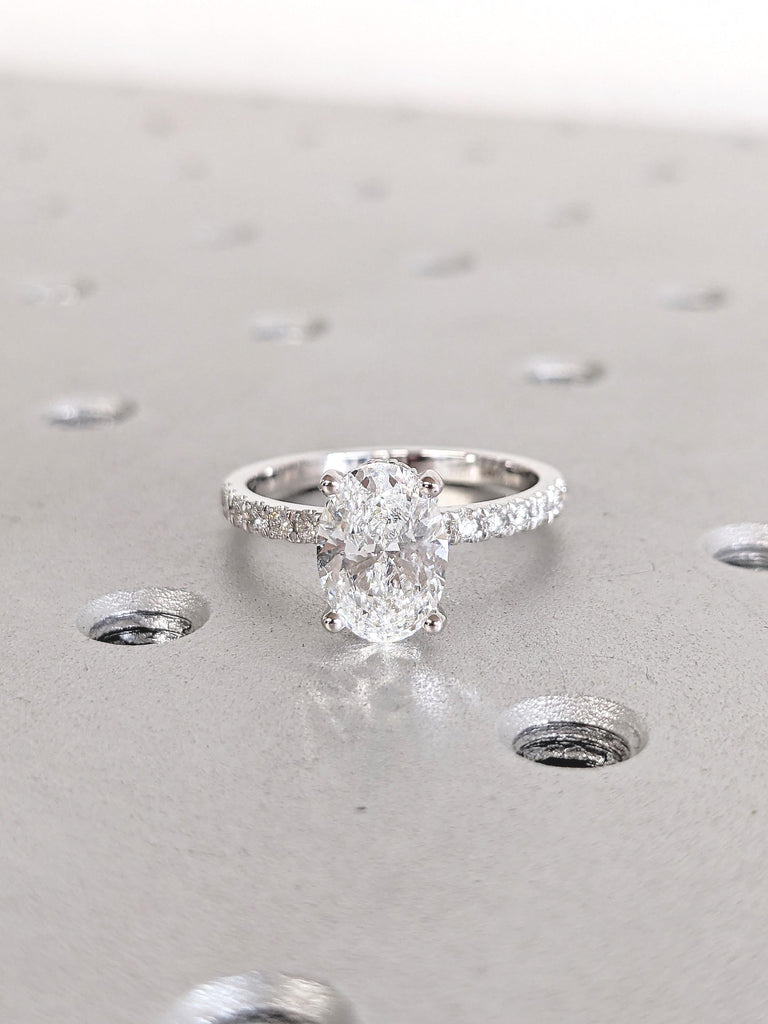 Oval Moissanite Engagement Ring, 14k White Gold Ring, Half Eternity Moissanite Ring, Art Deco Gold Promise Ring for Her, Women Wedding Ring