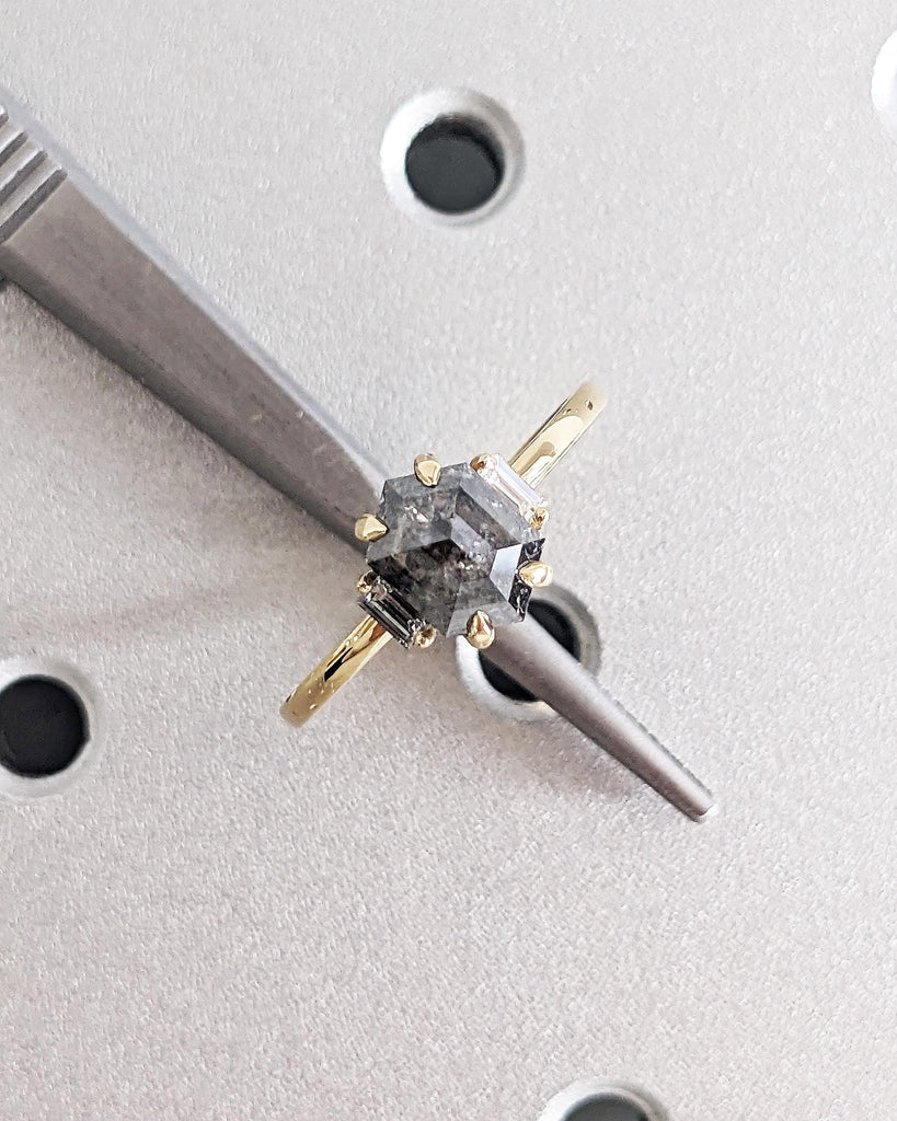 Grey Galaxy Salt & Pepper Diamond Engagement Ring, Hexagon Ring, Baguette Moissanite, Solid Gold Rose Cut Diamond Ring, Unique Proposal Ring