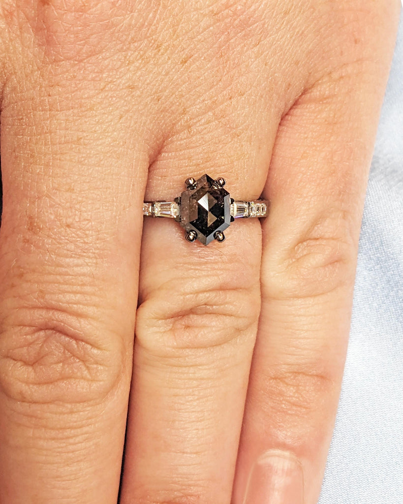 Galaxy Salt and Pepper Diamond Ring / Hexagon Ring / Black Gold Diamond Promise Ring / Tapered Diamond Baguettes / Geometric Engagement Ring