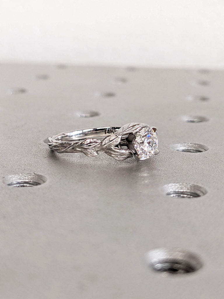 Nature Inspired VVS Lab Grown Diamond Solitaire Engagement Ring | Solid Gold Promise Ring | Leaves Twigs Wedding Band | Unique Proposal Ring