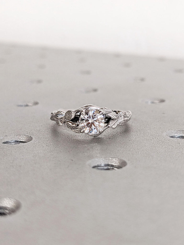 Nature Inspired VVS Lab Grown Diamond Solitaire Engagement Ring | Solid Gold Promise Ring | Leaves Twigs Wedding Band | Unique Proposal Ring
