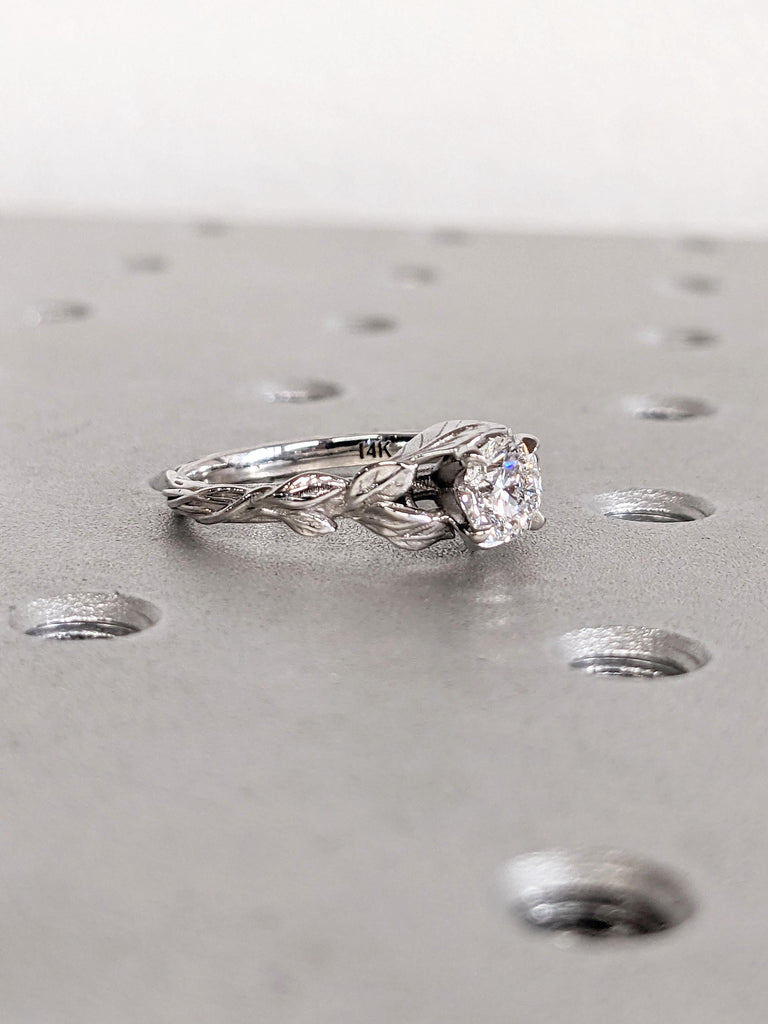 Round cut White Moissanite Woman Wedding Anniversary Ring | Gift for Wife | 14k 18k Real Gold Engagement Ring | Unique Proposal Leaf Ring