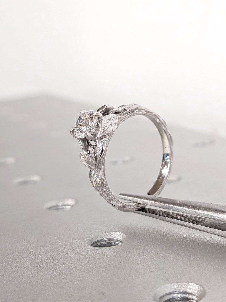 Round cut White Moissanite Woman Wedding Anniversary Ring | Gift for Wife | 14k 18k Real Gold Engagement Ring | Unique Proposal Leaf Ring