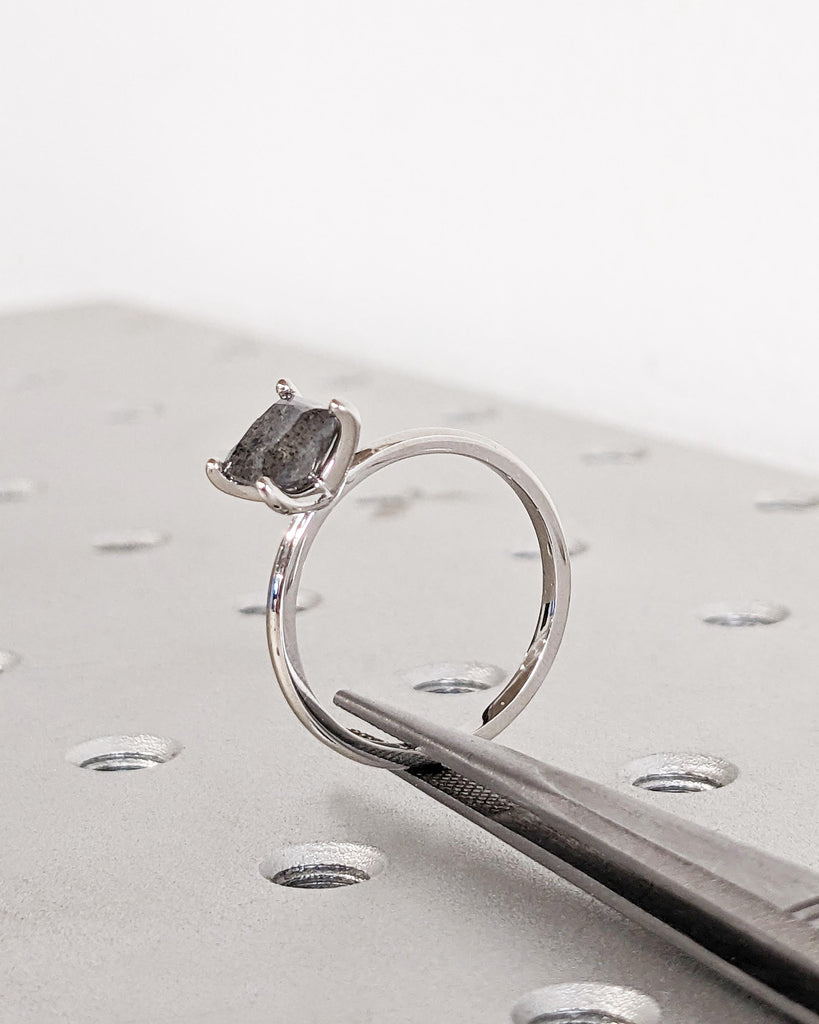 Dainty Solitaire Ring - Grey Salt and Pepper Diamond Ring - Square Diamond Princess Cut Ring - Platinum Ring - Solid Gold Ring - Minimalist