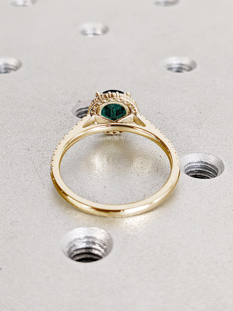 Comfort Fit Lab Created Emerald Ring | 14k Yellow Gold Engagement Ring | Vintage Halo Wedding Ring | Half Eternity Gold Promise Ring for Her
