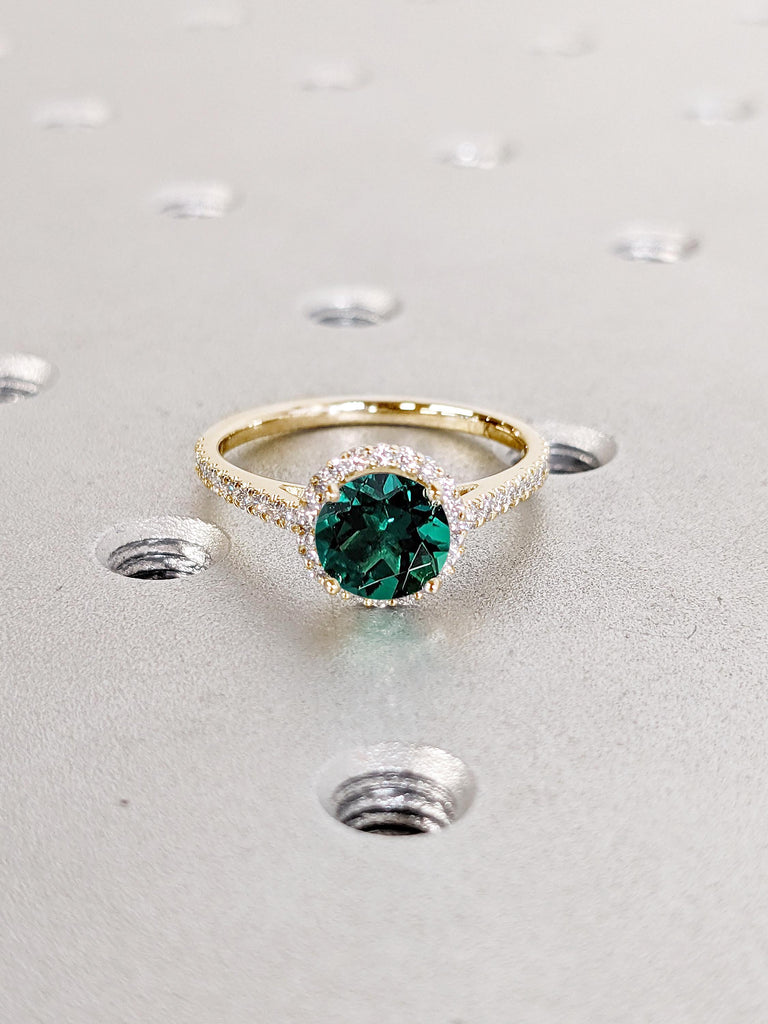 Comfort Fit Lab Created Emerald Ring | 14k Yellow Gold Engagement Ring | Vintage Halo Wedding Ring | Half Eternity Gold Promise Ring for Her