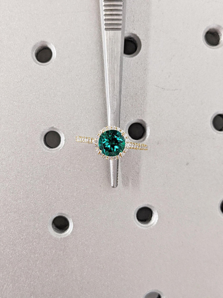 Comfort Fit Lab Created Emerald Ring | 14k Yellow Gold Engagement Ring | Vintage Halo Wedding Ring | Half Eternity Gold Promise Ring for Her