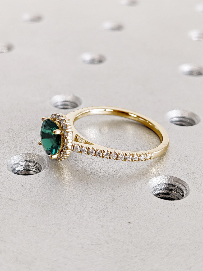 Comfort Fit Lab Created Emerald Ring | 14k Yellow Gold Engagement Ring | Vintage Halo Wedding Ring | Half Eternity Gold Promise Ring for Her