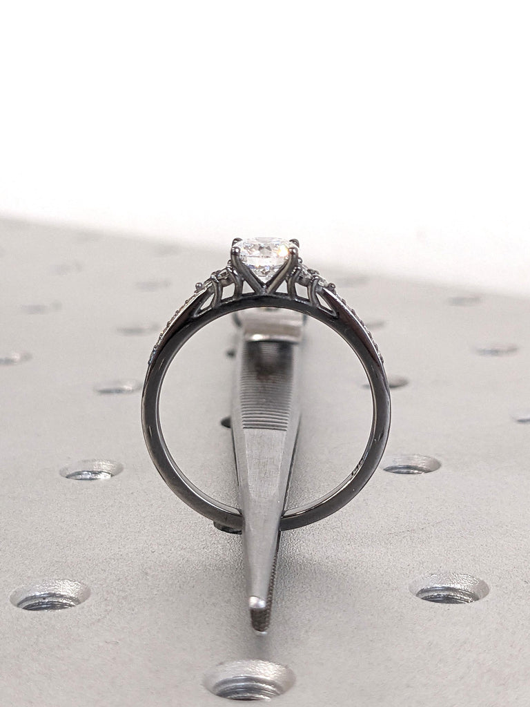 1ct, 2 Carat Round cut VVS Moissanite and Diamond Engagement Ring | 14k Solid Gold Thin Engagement Ring | Black Gold Gothic Wedding Ring