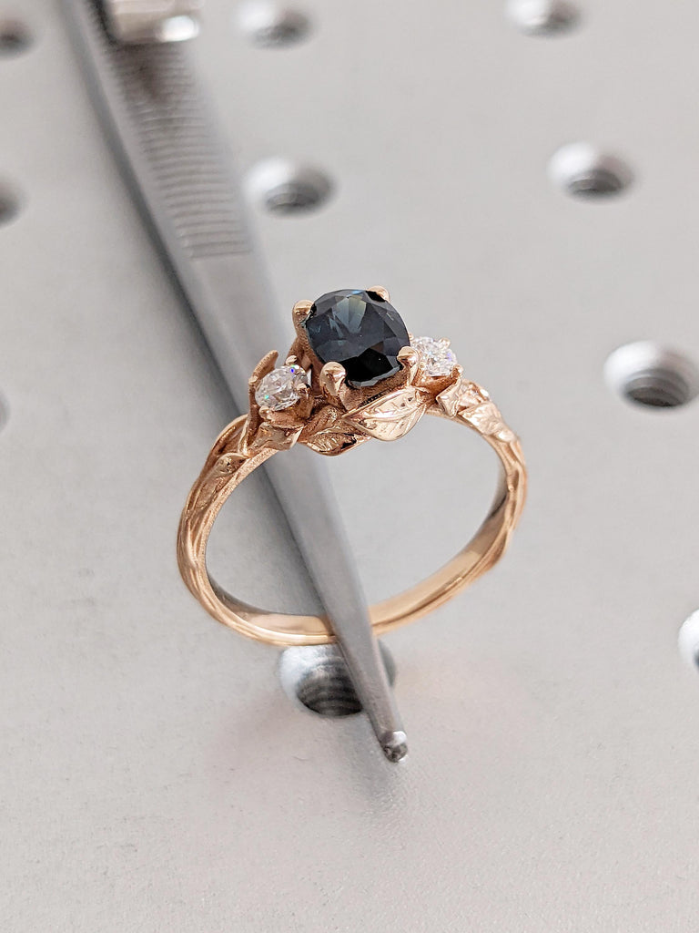 Blue Green Sapphire Ring, Oval Engagement Ring, Dainty 18k Rose Gold Ring, Vintage Nature Inspired Ring, Montana Sapphire and Diamond Ring