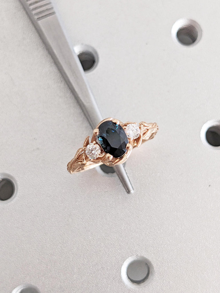 Blue Green Sapphire Ring, Oval Engagement Ring, Dainty 18k Rose Gold Ring, Vintage Nature Inspired Ring, Montana Sapphire and Diamond Ring