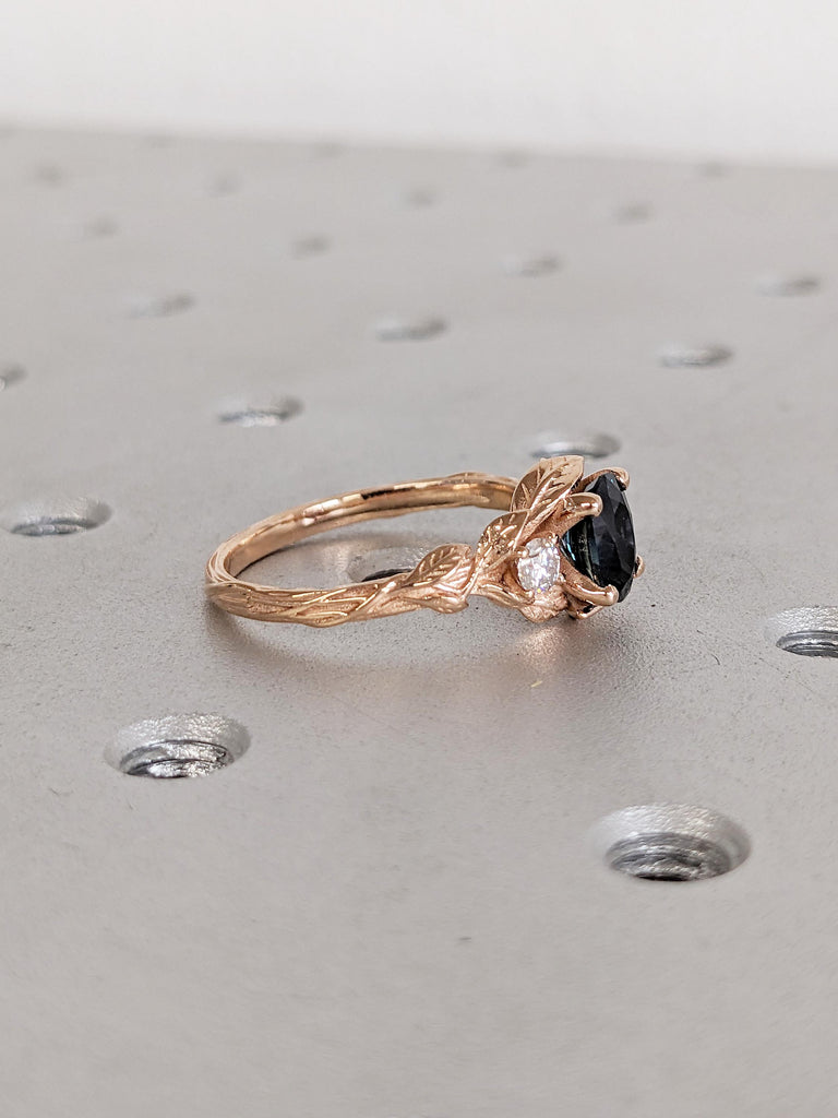 Nature Inspired Engagement Ring, Peacock Sapphire Ring, 18K Rose Gold Anniversary Ring, Oval Cut Ring, Art Deco Promise Ring, Gemstone Ring