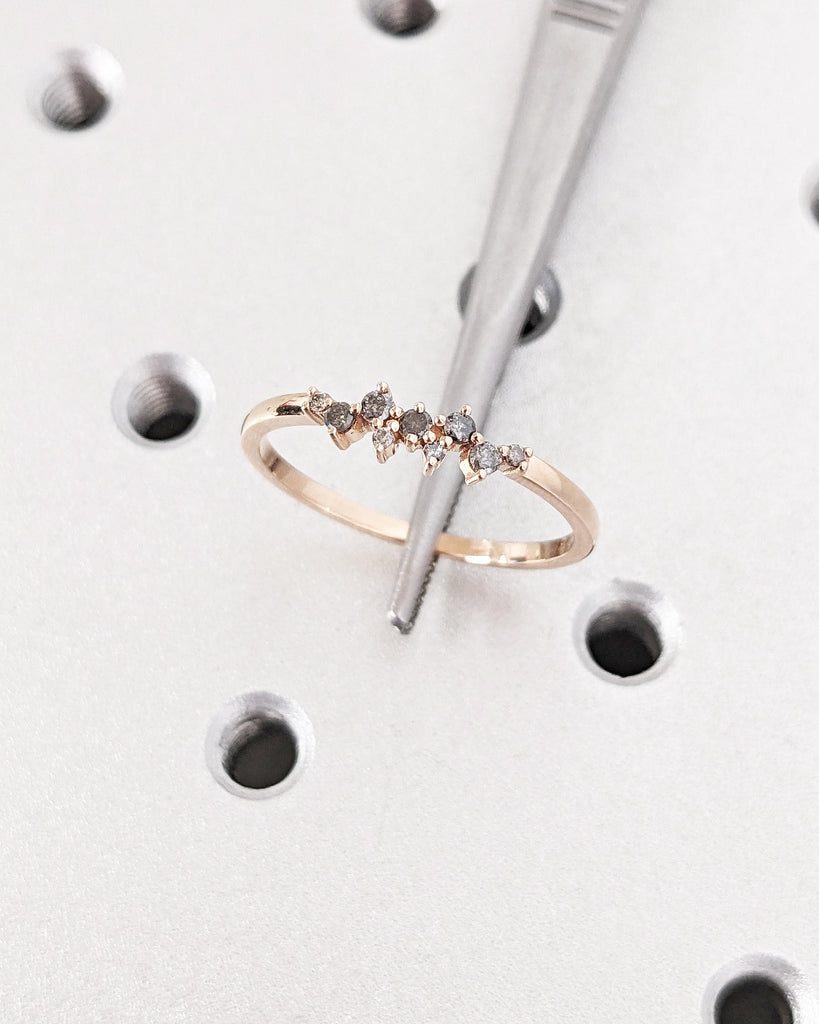 Cluster Wedding Band Ring, Salt and Pepper Diamond Cluster Ring, Salt and Pepper Diamond Wedding Band, Stacking Matching Ring, 14K Rose Gold
