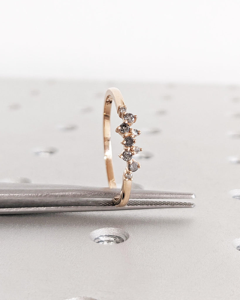 Salt and Pepper Diamond Wedding Ring - 9 Diamonds Cluster Ring - 14K Rose Gold Engagement Ring - Rustic Stacking Ring Wedding Band for Women