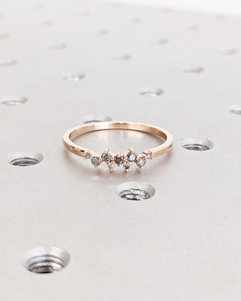 Salt and Pepper Diamond Wedding Ring - 9 Diamonds Cluster Ring - 14K Rose Gold Engagement Ring - Rustic Stacking Ring Wedding Band for Women