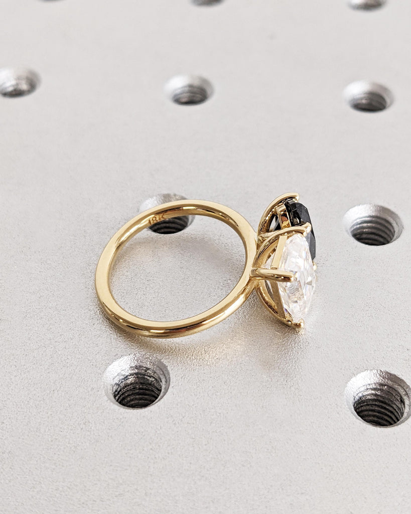 Toi et Moi Engagement Ring, Emerald Moissanite with Black Diamond Pear Ring, Black and White Ring, You & Me Ring, Gold Promise Ring for Her