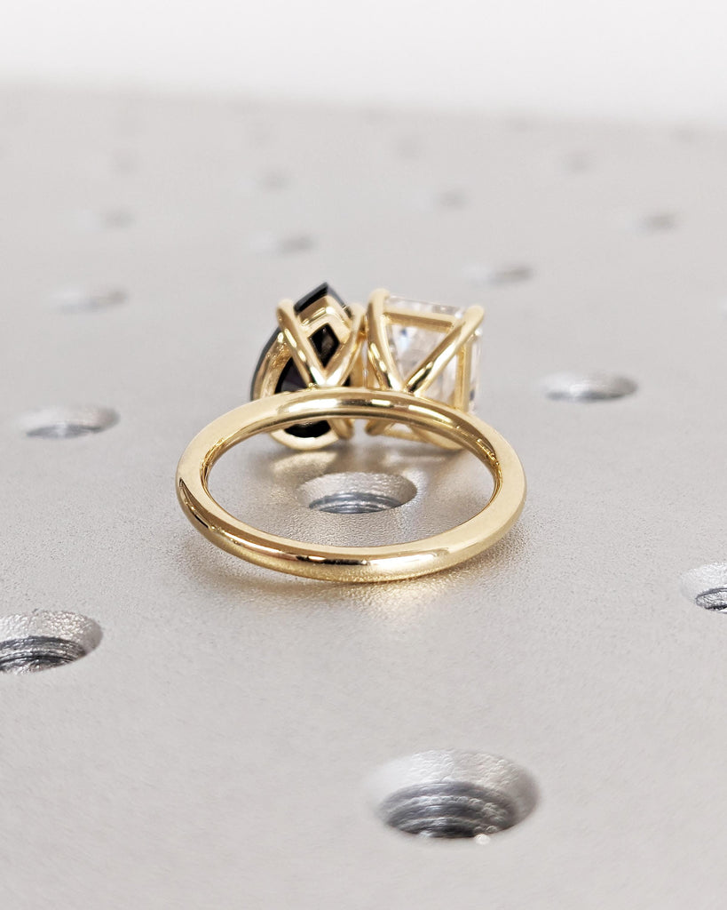 Two Stone Ring, Toi et Moi Engagement Ring, Emerald Cut Engagement Ring, Pear Black Diamond Ring, Moissanite Engagement Ring, 18k Gold Ring