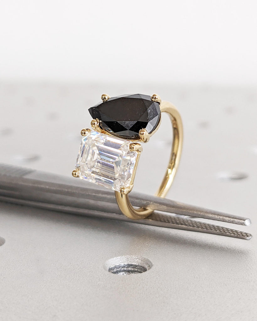 Toi et Moi Engagement Ring, Two Stone Ring with Emerald cut Moissanite and Pear cut Black Diamond, Black and White Ring, You and Me Ring, Gold Promise Ring for Her, Gift for Her, Gift for Mom