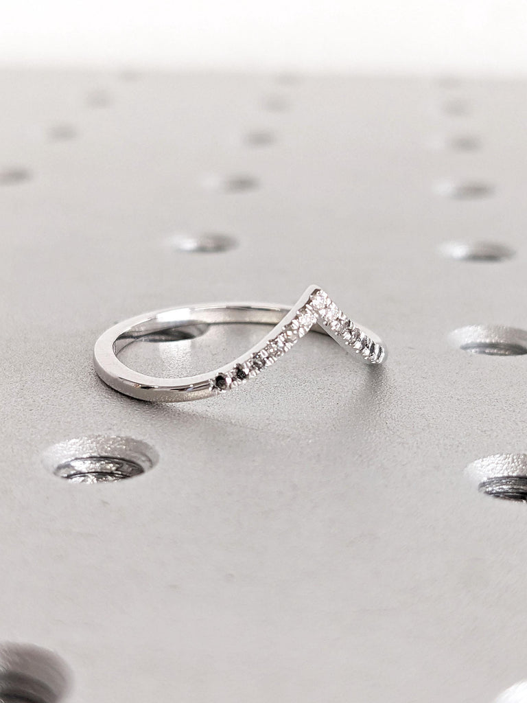 Black Grey White Tiny Round Diamond Woman Wedding Ring | Thin Gold Rings for Women | Dainty Stacking Ring | White Gold Half Eternity Band