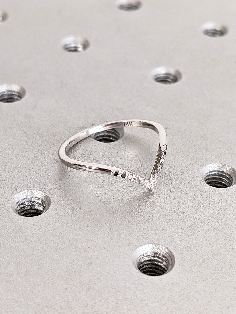 Black Grey White Tiny Round Diamond Woman Wedding Ring | Thin Gold Rings for Women | Dainty Stacking Ring | White Gold Half Eternity Band