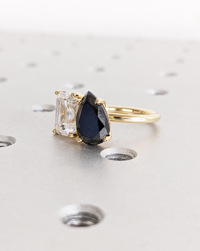 Toi et Moi Engagement Ring, Emerald Moissanite with Black Diamond Pear Ring, Black and White Ring, You & Me Ring, Gold Promise Ring for Her