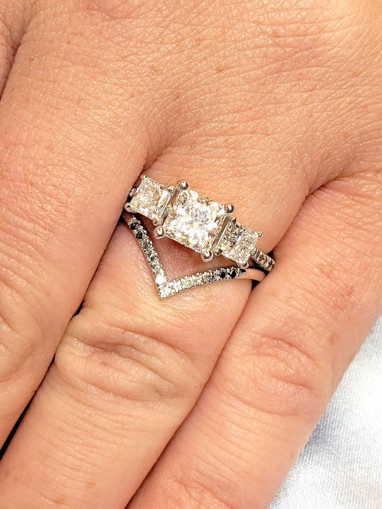 D/F Color VVS Lab Grown Diamond Engagement Stacking Ring Set | Chevron Diamond Eternity Band | Tiny Black Diamond Ring | White Gold Rings for Women