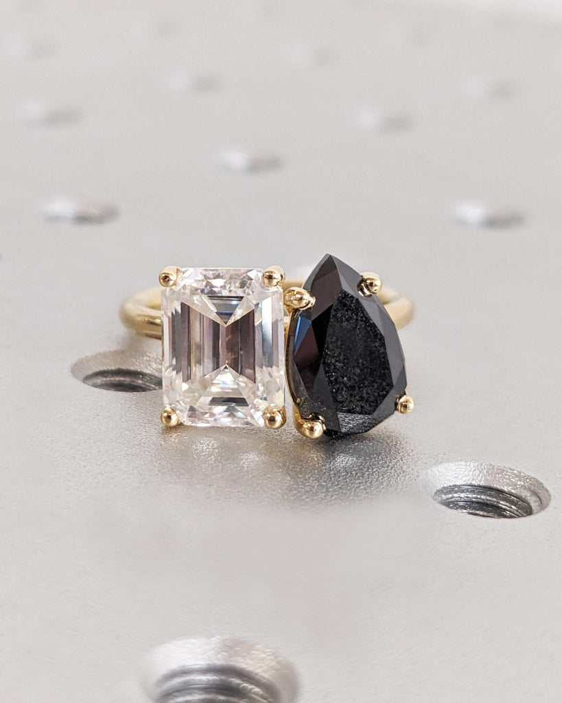Lab Diamond and Black Diamond Ring - Emerald and Pear Engagement Ring - Black and White - Toi et Moi - Me & You Double Stone Engagement Ring